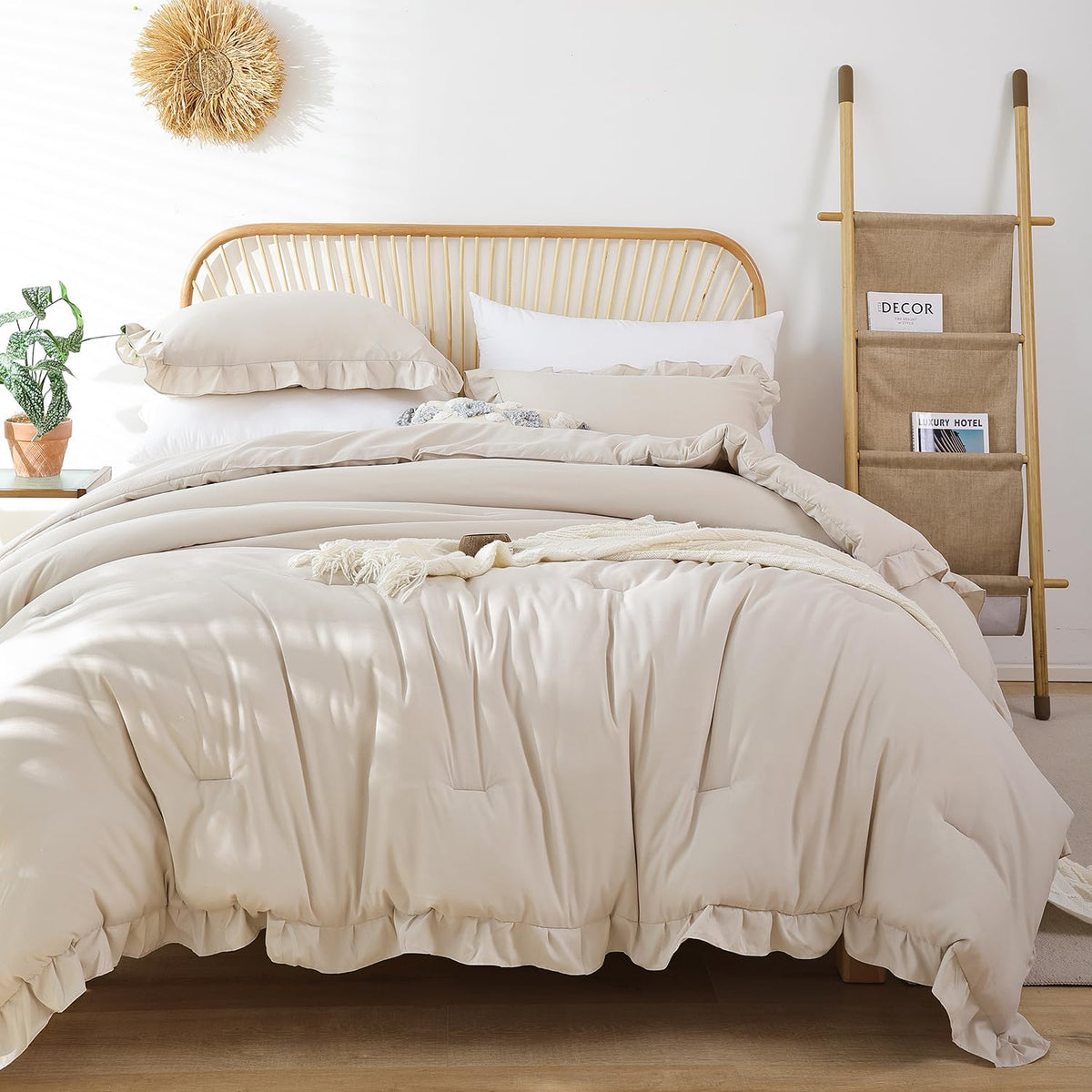 JANZAA Blush Pink Comforter Set Queen, Ruffle Soft Bedding