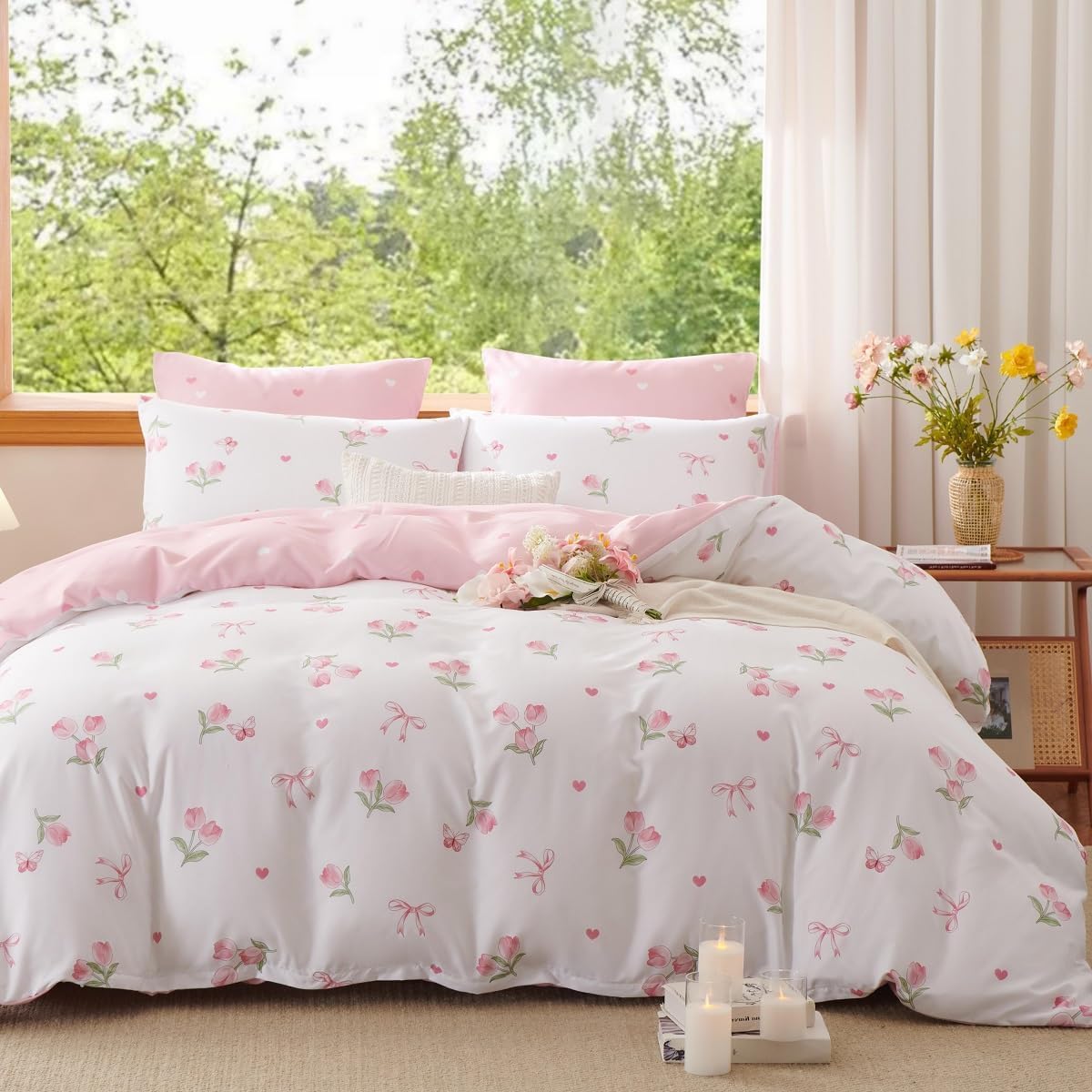 Floral Comforter Set Full Size Pink Bedding Sets for All Season