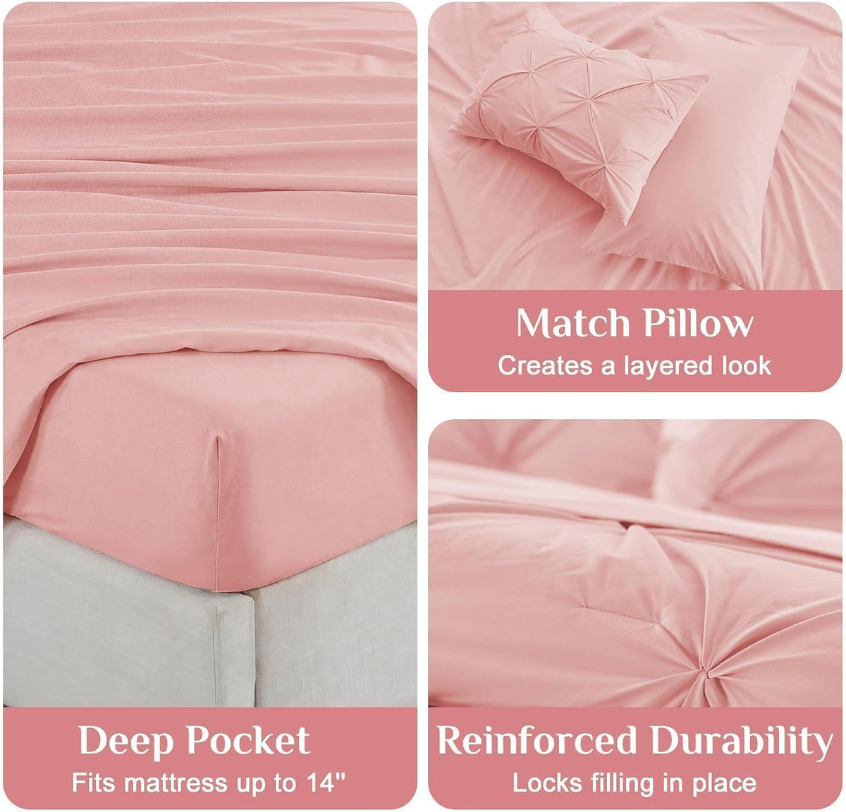 JOLLYVOGUE Queen Comforter Set 7 Pieces - Bed in a Bag Queen for All Season, Pintuck Bedding Comforter Sets with Comforter, Flat Sheet, Fitted Sheet and Pillowcases & Shams, Pink