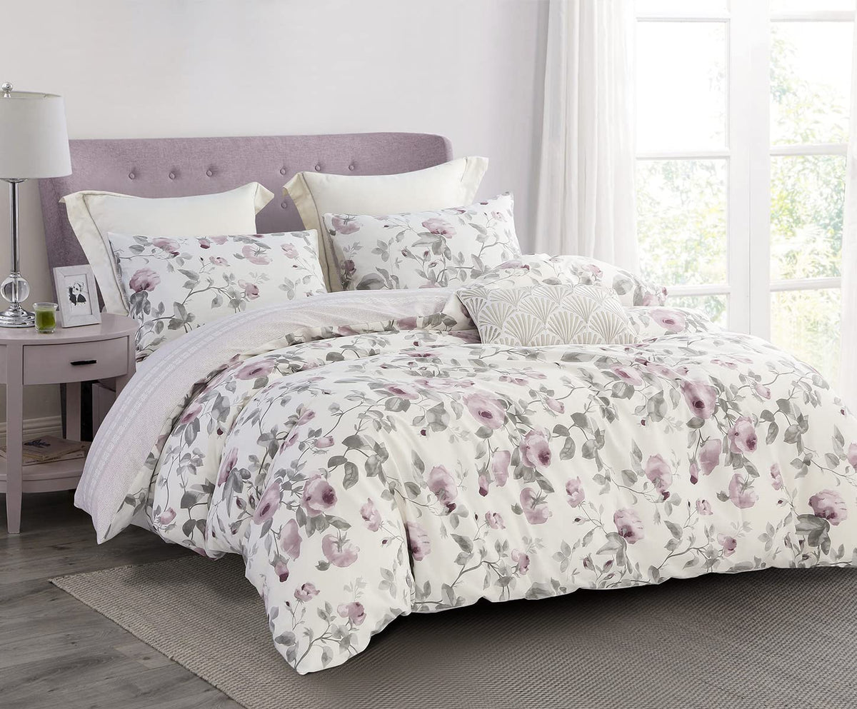 SLEEPBELLA Comforter Queen Size, 600 Thread Count Cotton Brown Branches and Blue Flowers Off-White Comforter Sets, Down Alternative Bedding Set 3Pcs(Queen, Off-White Botanical)