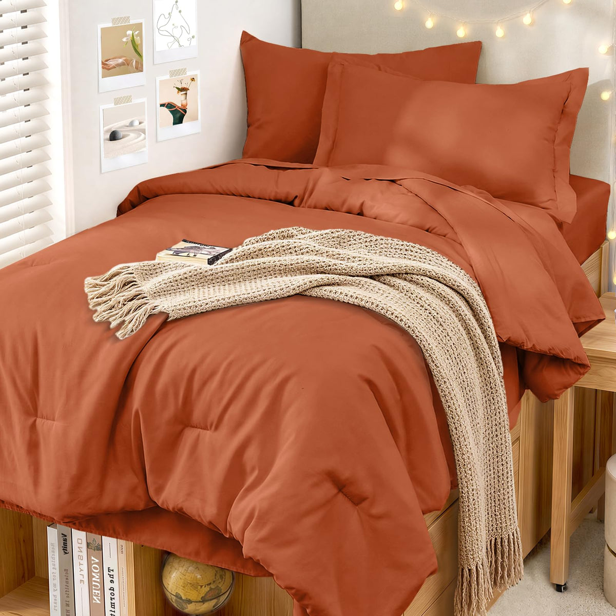 MUXHOMO 7 Pieces California King Comforter Set, Soft Bed in a Bag Cal King Size, All Season Bedding Set with Comforter, Flat Sheet, Fitted Sheet, Pillowcases & Shams, Beige
