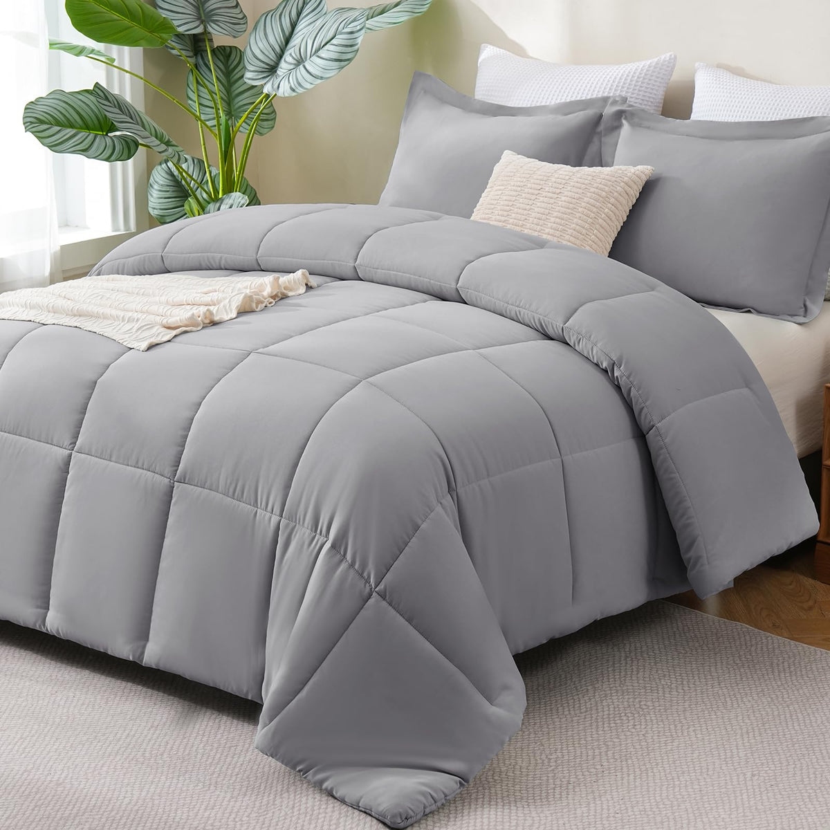 CozyLux Queen Comforter Set, 3-Piece Box-Stitched, Black