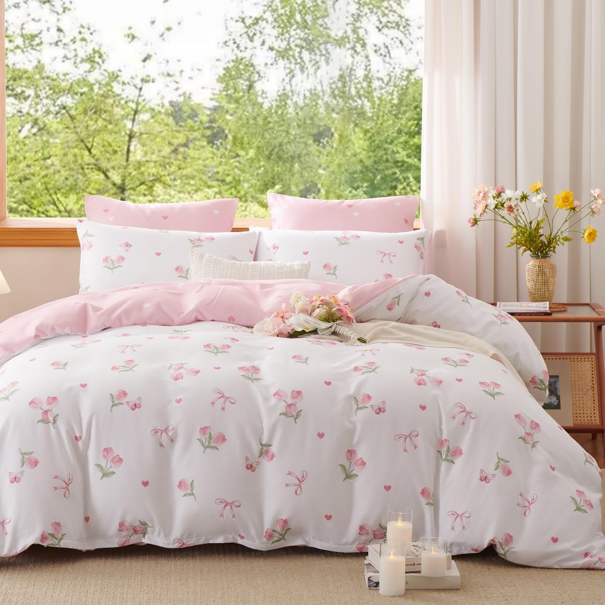 Floral Comforter Set Full Size Pink Bedding Sets for All Season