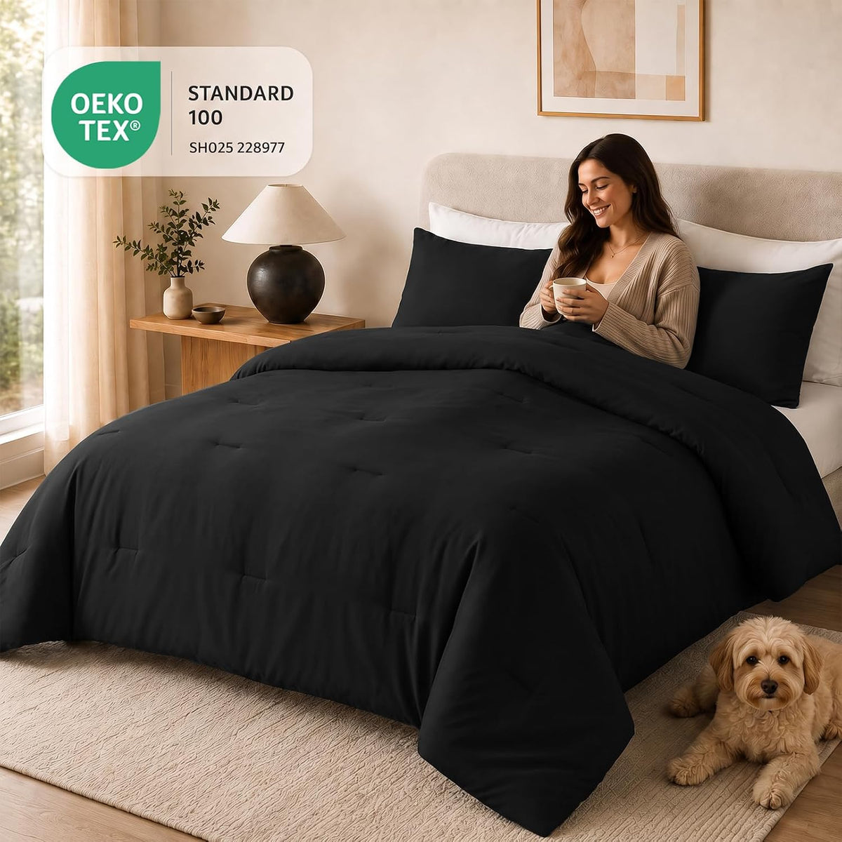 CozyLux Queen Comforter Set, 3 Pieces Down Alternative Bedding, Black