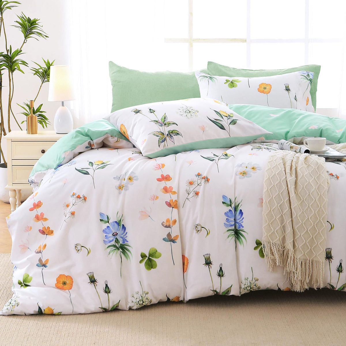 MUXHOMO Queen Comforter Set 7 Pieces, Sage Green Bed in a Bag Queen Reversible Botanical Flowers Design, Ultra Soft & Breathable Bedding Sets with Comforter, Sheets, Pillowcases & Shams
