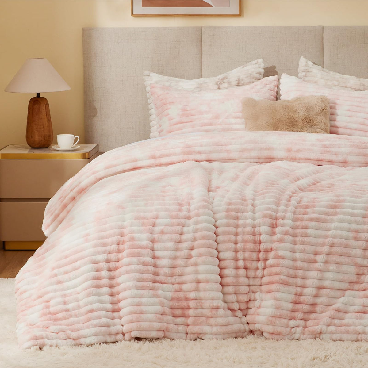 BEDELITE Fleece Queen Comforter Set, Fluffy Bed Set, Cream White