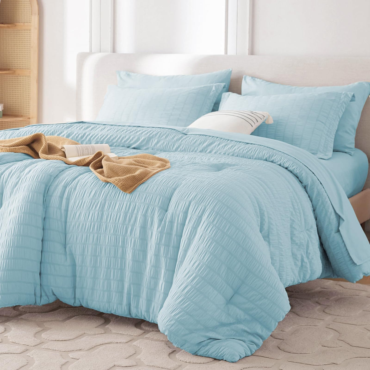 MUXHOMO 7 Pieces Queen Comforter Set, Seersucker Bed in a Bag Queen Size, All Season Luxury Bedding Set with Comforter, Flat Sheet, Fitted Sheet, Pillowcases & Shams, Beige