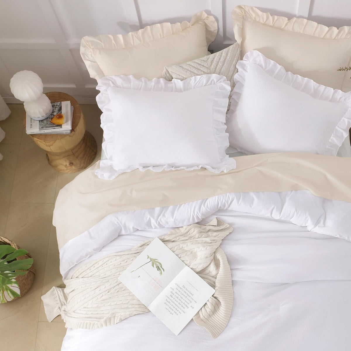 Andency White Comforter Set Queen Size, 3 Pieces Ruffle Farmhouse Bed Set