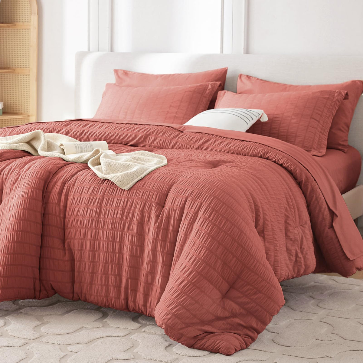 MUXHOMO 7 Pieces Queen Comforter Set, Seersucker Bed in a Bag Queen Size, All Season Luxury Bedding Set with Comforter, Flat Sheet, Fitted Sheet, Pillowcases & Shams, Beige