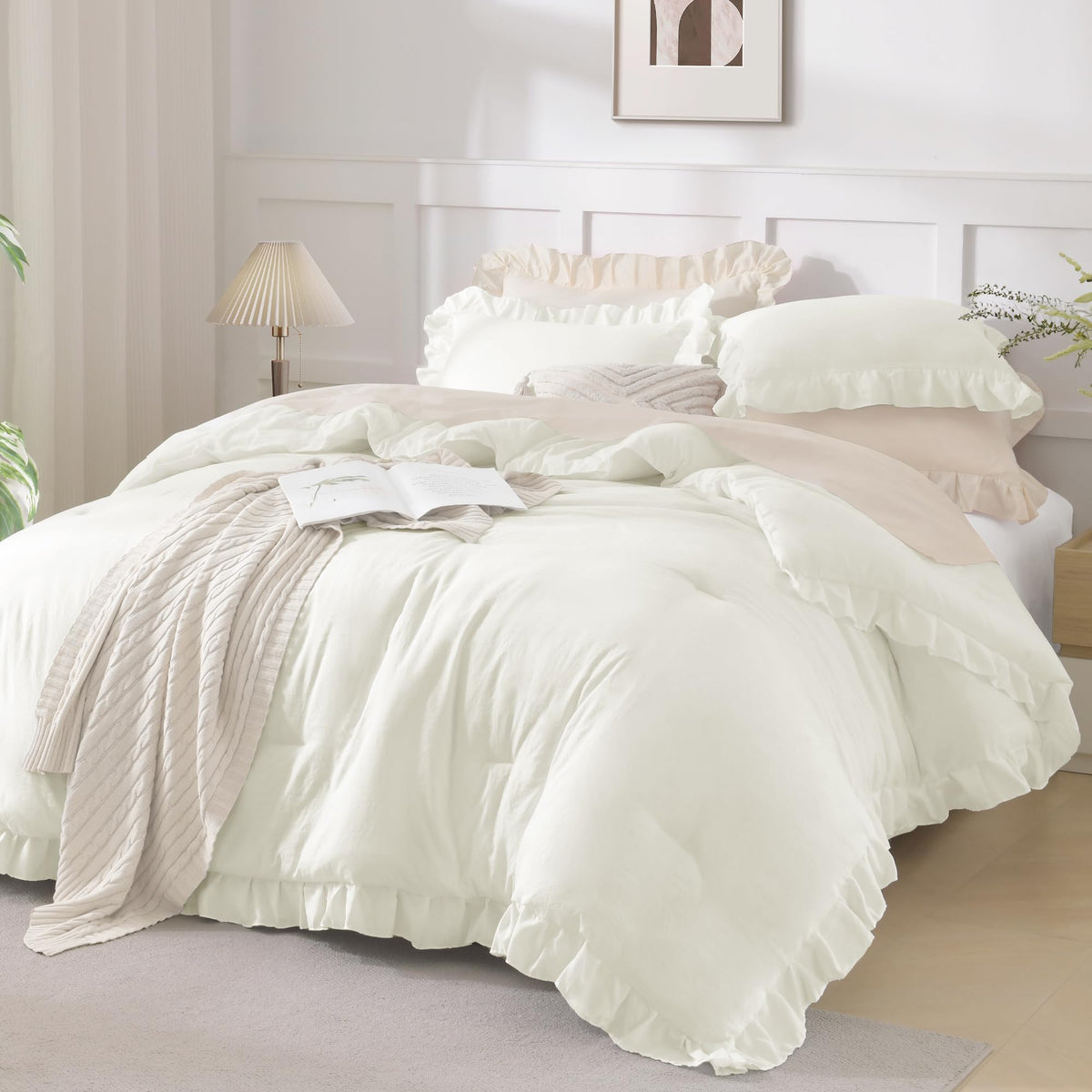 Andency White Comforter Set Queen Size, 3 Pieces Ruffle Farmhouse Bed Set