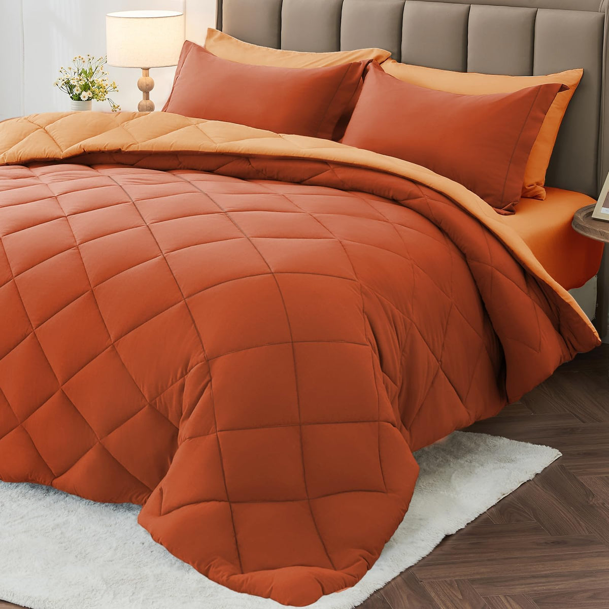 MUXHOMO 7 Pieces Queen Comforter Set, Reversible Bed in a Bag Queen Size, All Season Bedding Set with Comforter, Flat Sheet, Fitted Sheet, Pillowcases & Shams, Red & Black