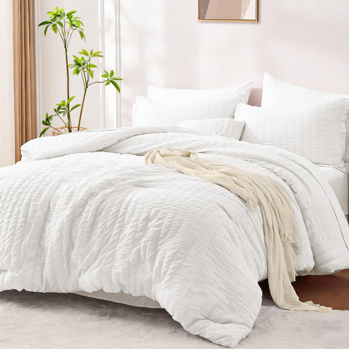 FUANNA Queen Comforter Set 7 Pieces, Pink Bed Set, Seersucker Bed in a Bag
