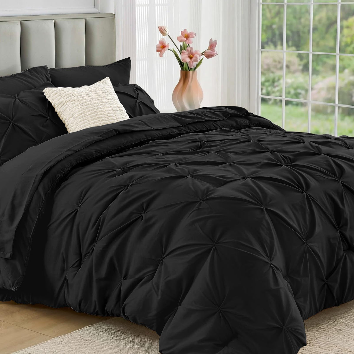 JOLLYVOGUE Queen Comforter Set 7 Pieces - Bed in a Bag Queen for All Season, Pintuck Bedding Comforter Sets with Comforter, Flat Sheet, Fitted Sheet and Pillowcases & Shams, Pink