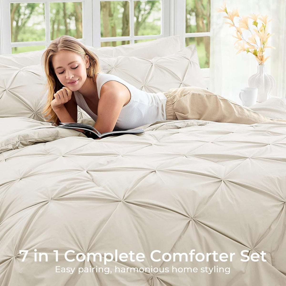 Sasttie Queen Comforter Set, 7-Piece Bed in a Bag, Pintuck Bedding Sets for All Season, Includes Comforter, Flat Sheet, Fitted Sheet, Pillowcases and Pillowshams, Beige