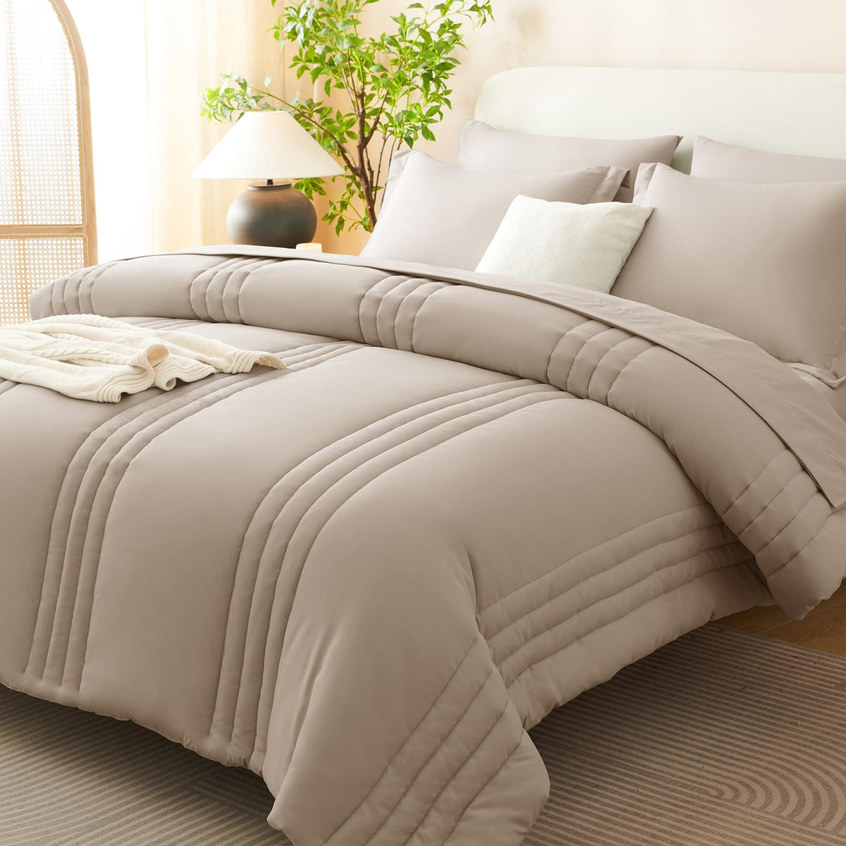 CozyLux Queen Comforter Set Beige - 7 Pieces Vertical Quilted Bed in a Bag