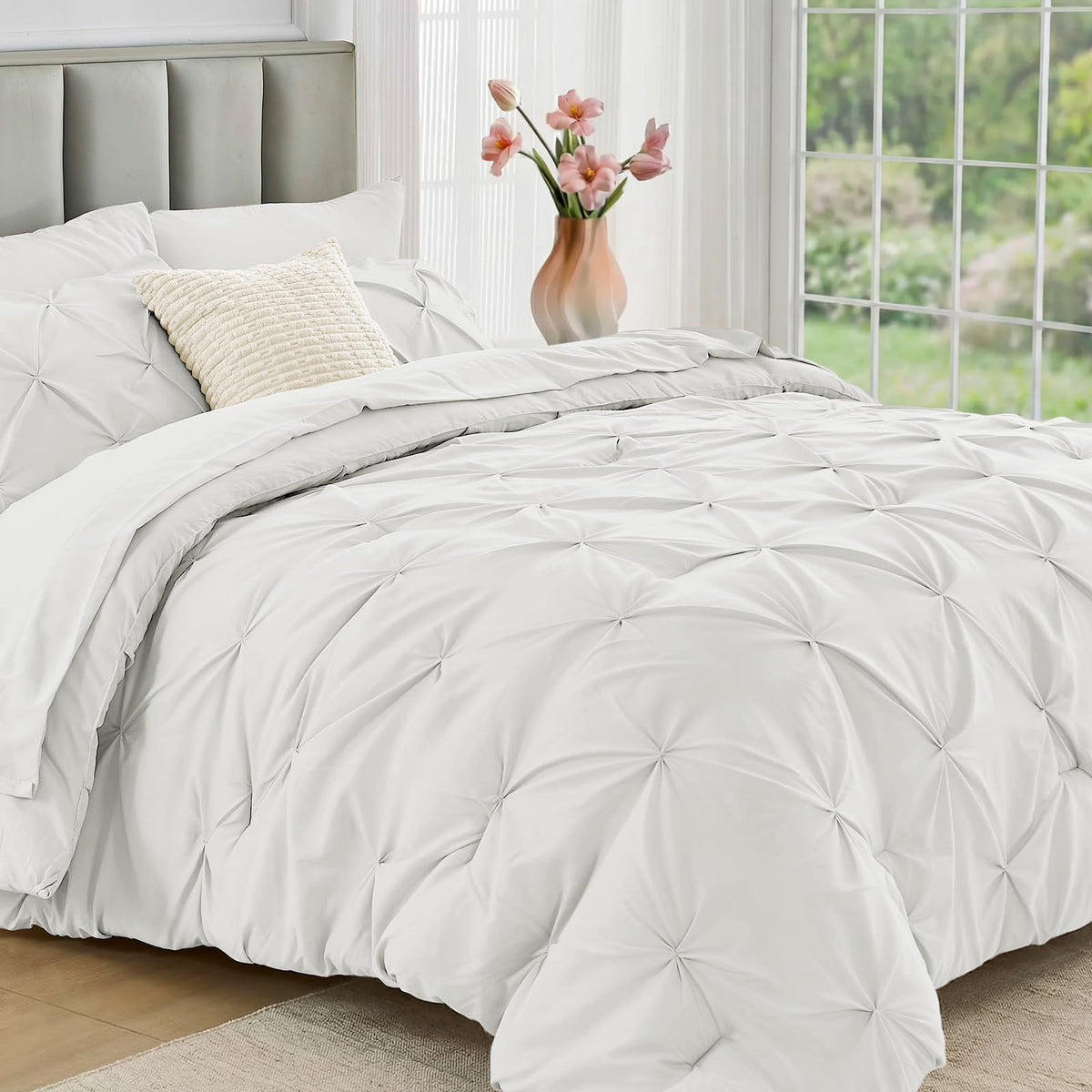 JOLLYVOGUE Queen Comforter Set 7 Pieces - Bed in a Bag Queen for All Season, Pintuck Bedding Comforter Sets with Comforter, Flat Sheet, Fitted Sheet and Pillowcases & Shams, Pink