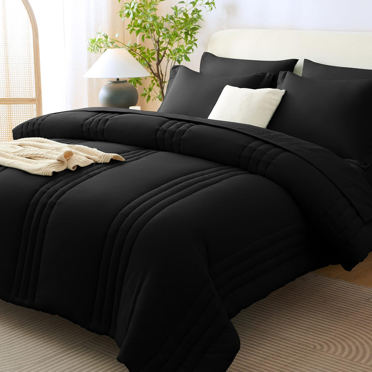 CozyLux Queen Comforter Set Beige - 7 Pieces Vertical Quilted Bed in a Bag