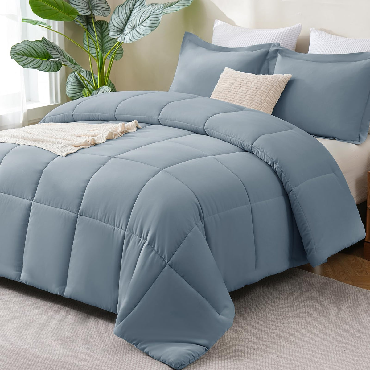 CozyLux Queen Comforter Set, 3-Piece Box-Stitched, Black