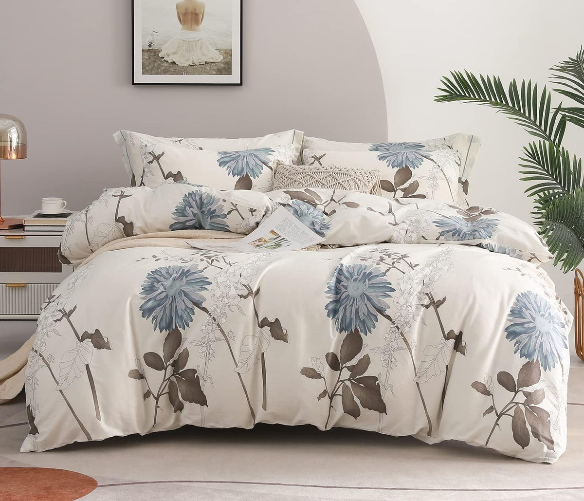SLEEPBELLA Comforter Queen Size, 600 Thread Count Cotton Brown Branches and Blue Flowers Off-White Comforter Sets, Down Alternative Bedding Set 3Pcs(Queen, Off-White Botanical)
