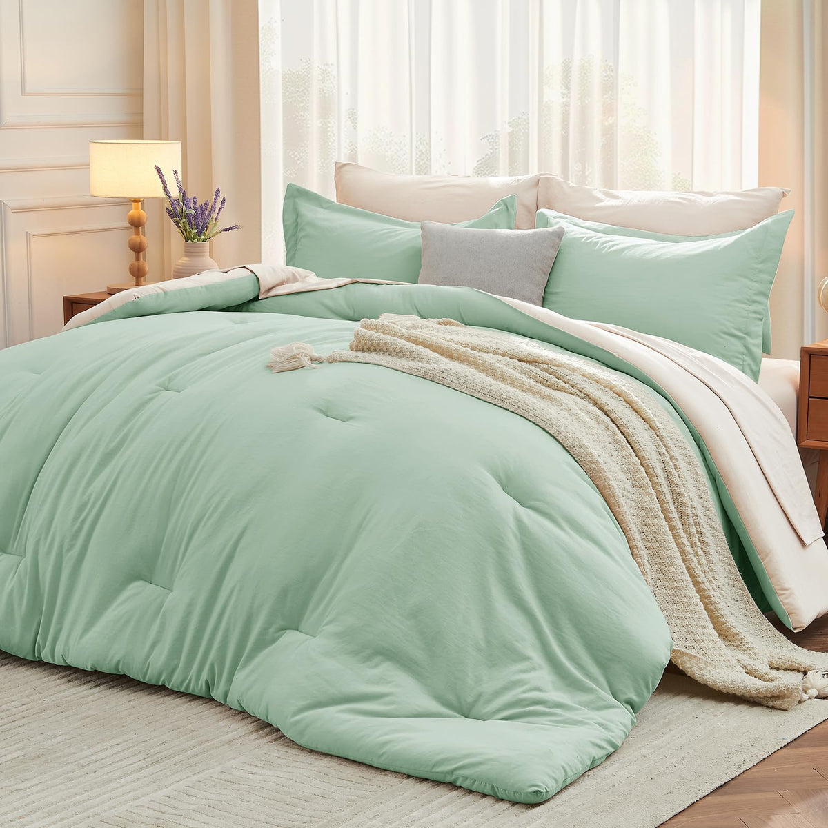 MUXHOMO 7 Pieces California King Comforter Set, Soft Bed in a Bag Cal King Size, All Season Bedding Set with Comforter, Flat Sheet, Fitted Sheet, Pillowcases & Shams, Beige