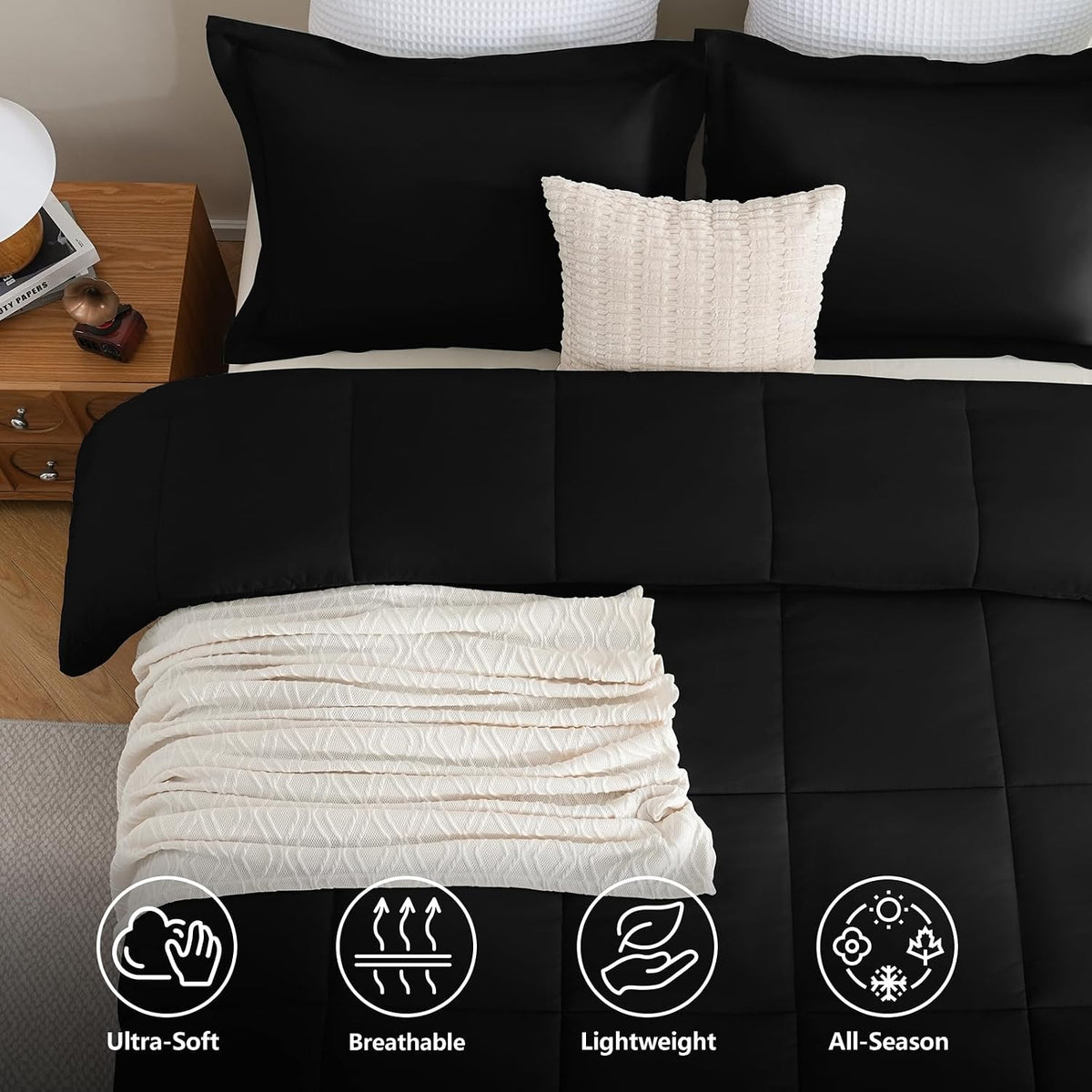 CozyLux Queen Comforter Set, 3-Piece Box-Stitched, Black
