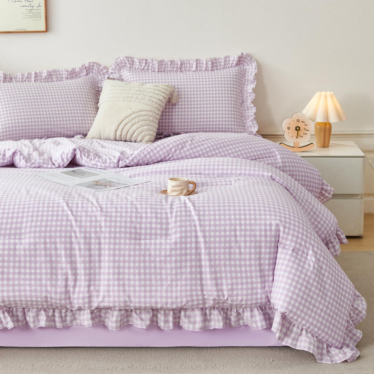 RYNGHIPY Yellow Gingham Comforter Set 5 Pcs Plaid Ruffle Full Bed in a Bag