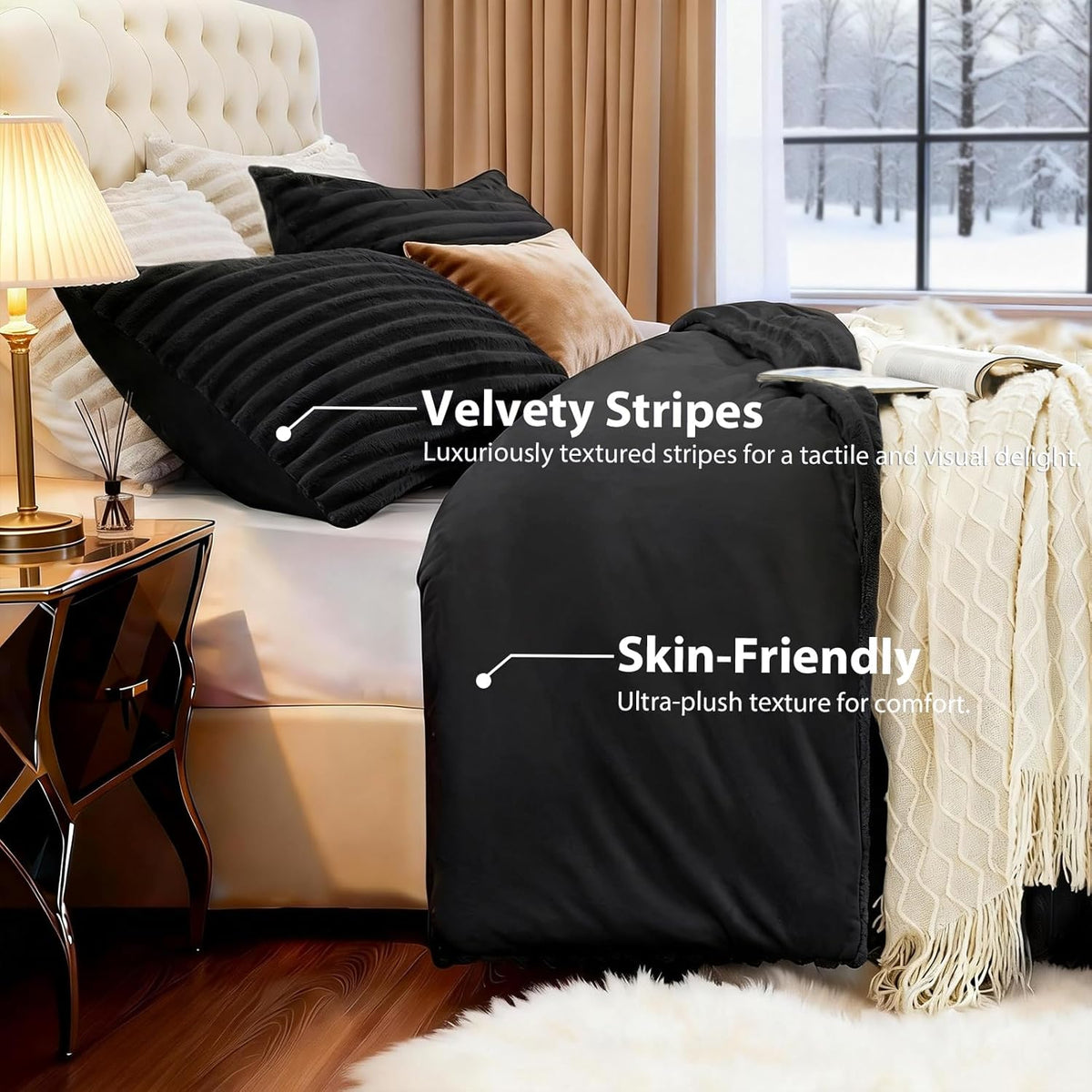EXQ Home Fluffy Comforter Set Queen Size,3 Pieces Bed Set,Black