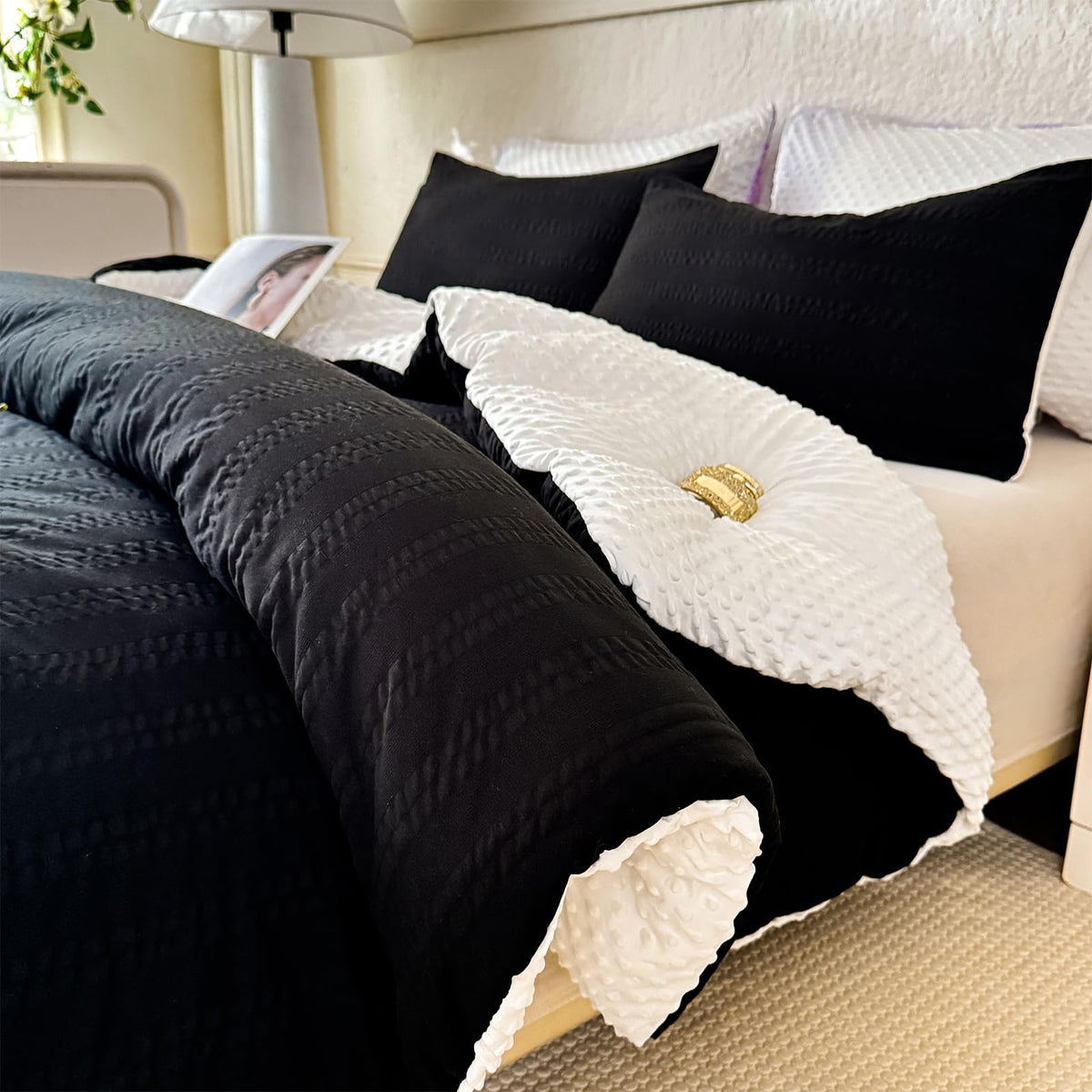 tohrisa Boho Comforter Set Full Size Striped Pleats Bohemian Seersucker Bedding Set All Season Soft Cozy 3 Pieces Quilt with 2 Pillowcases(80"X90" Light Blue)