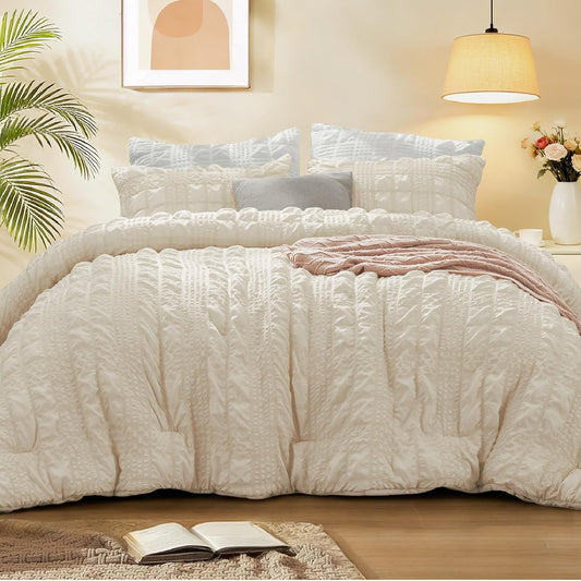 BEDELITE Queen Comforter Set, Seersucker Bedding Set 3 Pieces, Cream