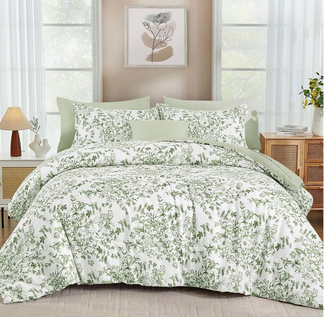 WONGS BEDDING 8 Pieces King Size Comforter Set Green,Sage Green Floral Bed in a Bag Comforter Sets, Soft Reversible Botanical Flowers Bedding Sets for All Season (90"x104")