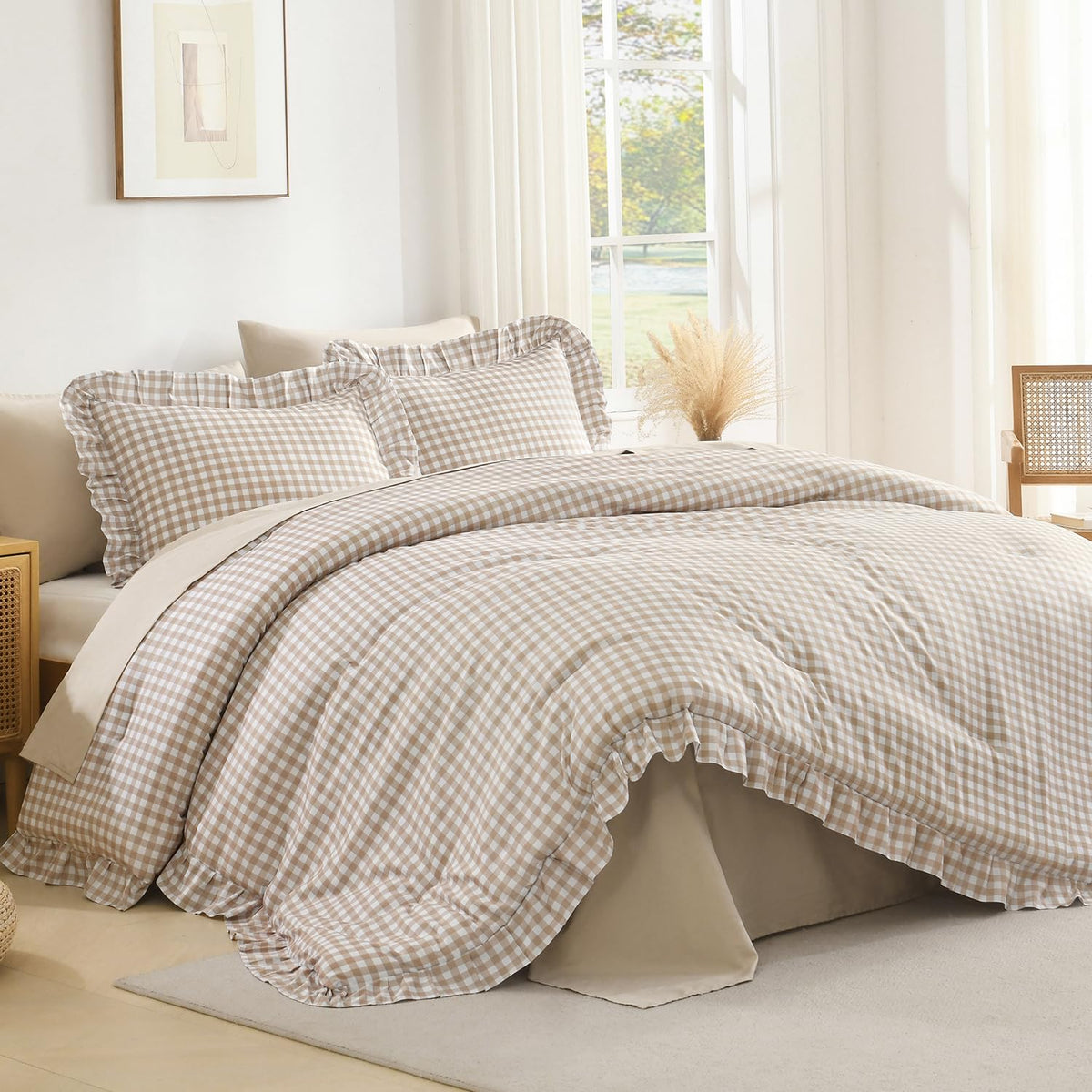 Andency White Comforter Set Queen Size, 3 Pieces Ruffle Farmhouse Bed Set