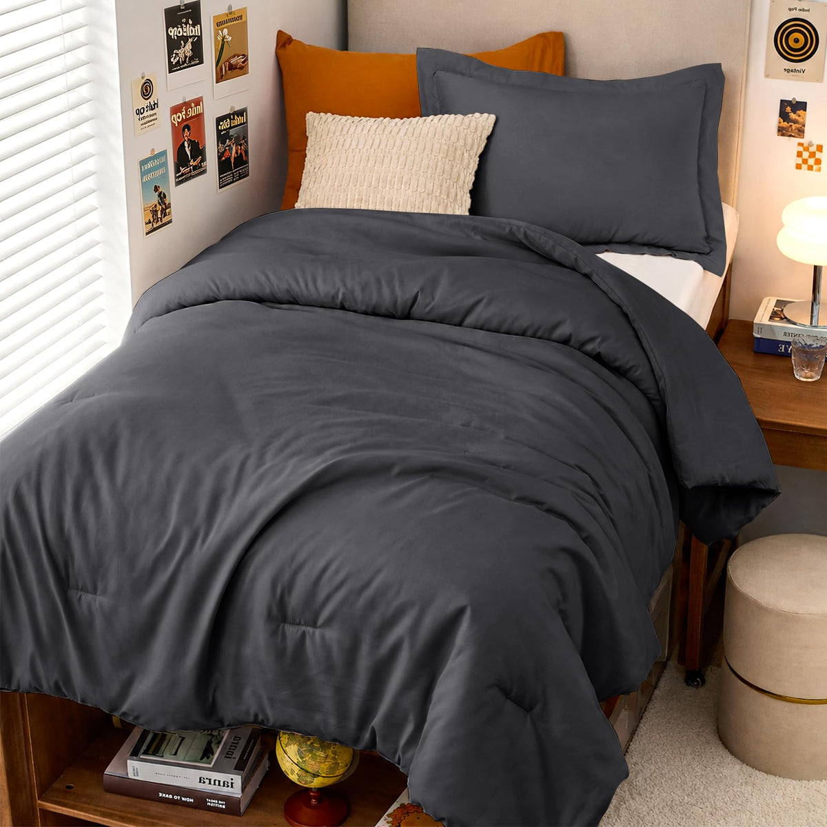 MUXHOMO Queen Size Comforter Set Beige, 3 Piece Solid Bedding for All Seasons, Warm Down Alternative Bed Set Includes 1 Lightweight Comforter (90"x90") and 2 Pillowshams (20"x26")