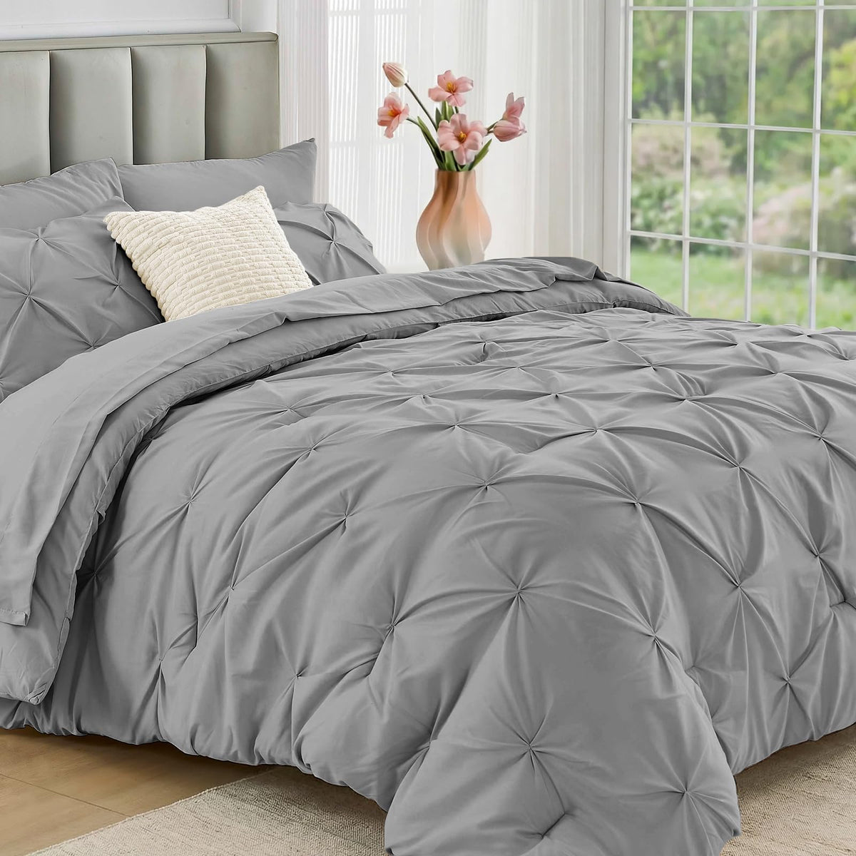 JOLLYVOGUE Queen Comforter Set 7 Pieces - Bed in a Bag Queen for All Season, Pintuck Bedding Comforter Sets with Comforter, Flat Sheet, Fitted Sheet and Pillowcases & Shams, Pink