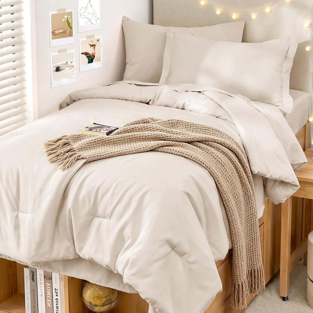 MUXHOMO 7 Pieces California King Comforter Set, Soft Bed in a Bag Cal King Size, All Season Bedding Set with Comforter, Flat Sheet, Fitted Sheet, Pillowcases & Shams, Beige