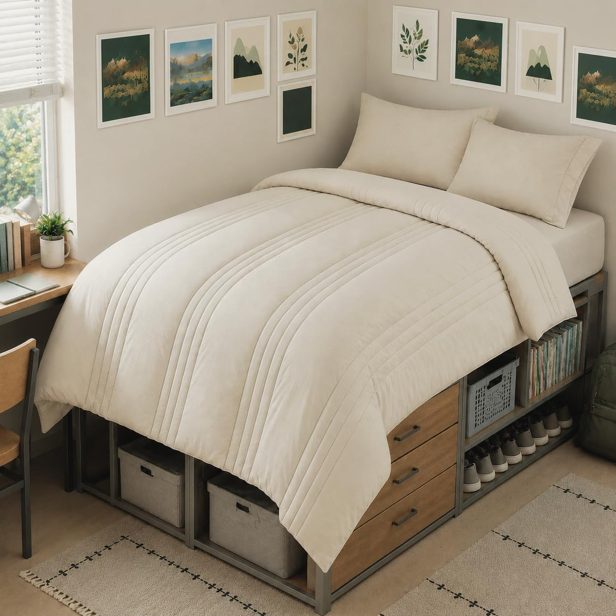 CozyLux Queen Comforter Set Beige - 7 Pieces Vertical Quilted Bed in a Bag