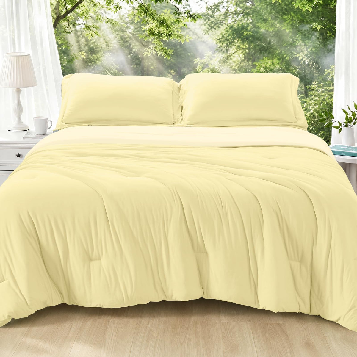 MUXHOMO Queen Size Comforter Set Beige, 3 Piece Solid Bedding for All Seasons, Warm Down Alternative Bed Set Includes 1 Lightweight Comforter (90"x90") and 2 Pillowshams (20"x26")