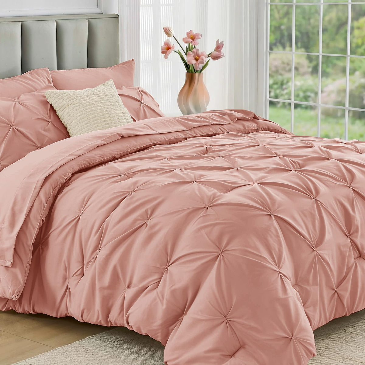 JOLLYVOGUE Queen Comforter Set 7 Pieces - Bed in a Bag Queen for All Season, Pintuck Bedding Comforter Sets with Comforter, Flat Sheet, Fitted Sheet and Pillowcases & Shams, Pink