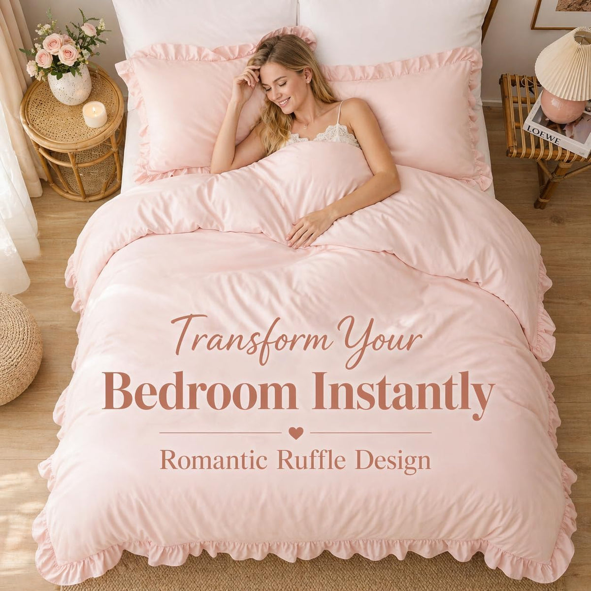 JANZAA Blush Pink Comforter Set Queen, Ruffle Soft Bedding