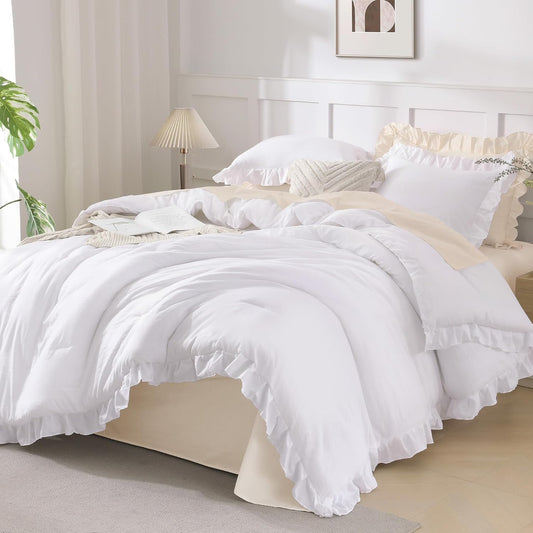 Andency White Comforter Set Queen Size, 3 Pieces Ruffle Farmhouse Bed Set