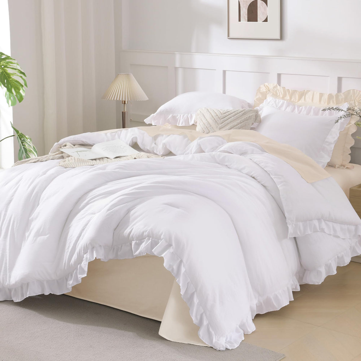 Andency White Comforter Set Queen Size, 3 Pieces Ruffle Farmhouse Bed Set