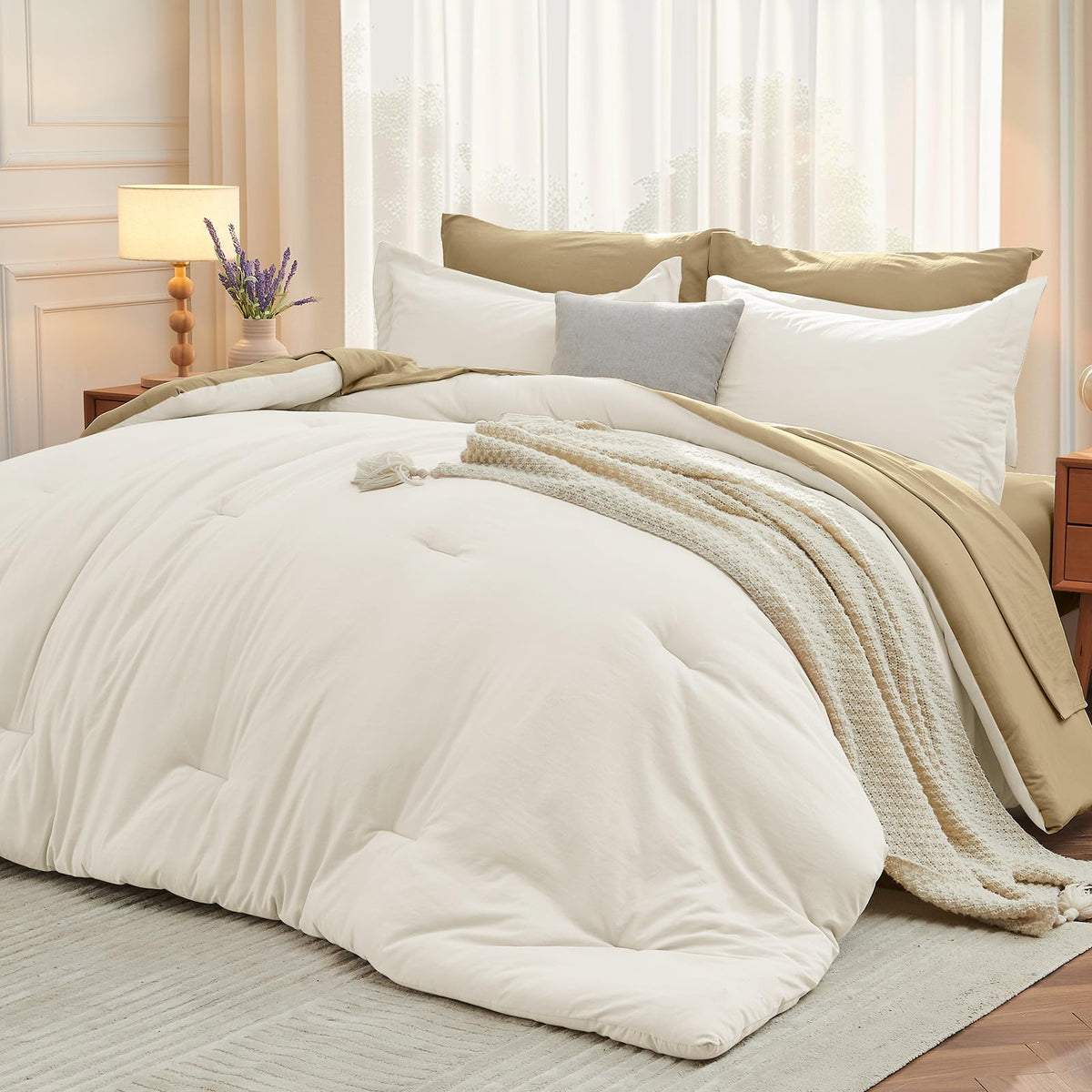 MUXHOMO 7 Pieces California King Comforter Set, Soft Bed in a Bag Cal King Size, All Season Bedding Set with Comforter, Flat Sheet, Fitted Sheet, Pillowcases & Shams, Beige