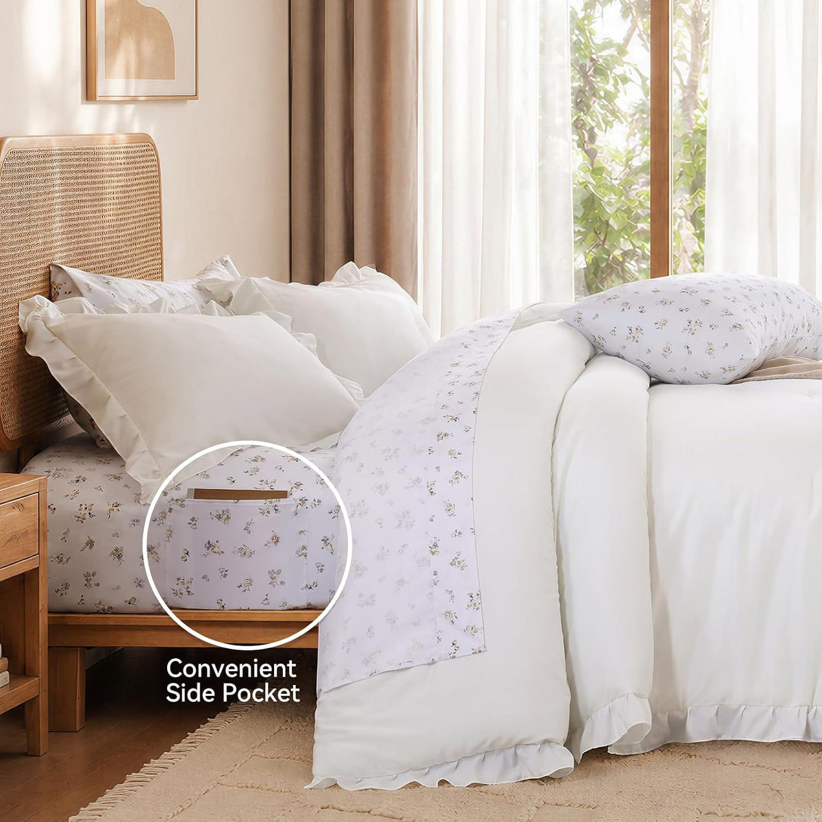 JANZAA Ruffle Queen Comforter Set with Floral Sheets 7 Pieces Cream White