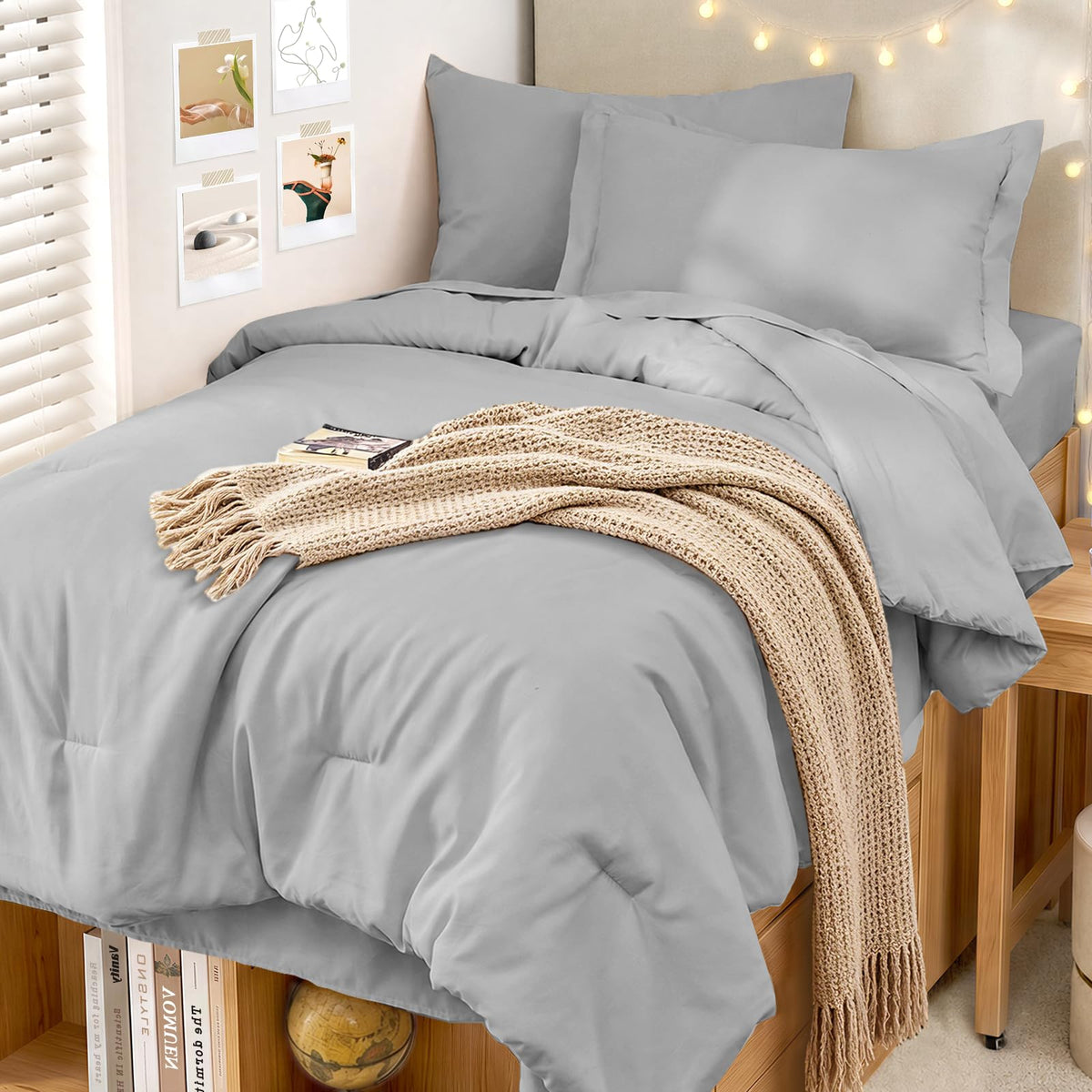 MUXHOMO 7 Pieces California King Comforter Set, Soft Bed in a Bag Cal King Size, All Season Bedding Set with Comforter, Flat Sheet, Fitted Sheet, Pillowcases & Shams, Beige
