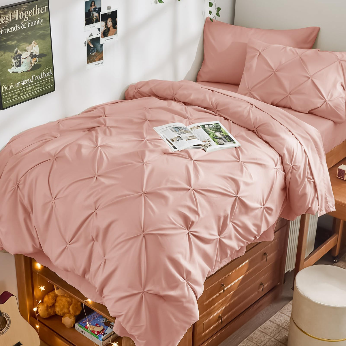 JOLLYVOGUE Queen Comforter Set 7 Pieces - Bed in a Bag Queen for All Season, Pintuck Bedding Comforter Sets with Comforter, Flat Sheet, Fitted Sheet and Pillowcases & Shams, Pink
