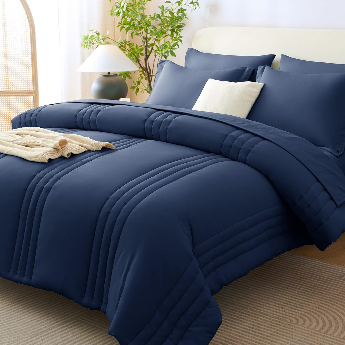 CozyLux Queen Comforter Set Beige - 7 Pieces Vertical Quilted Bed in a Bag