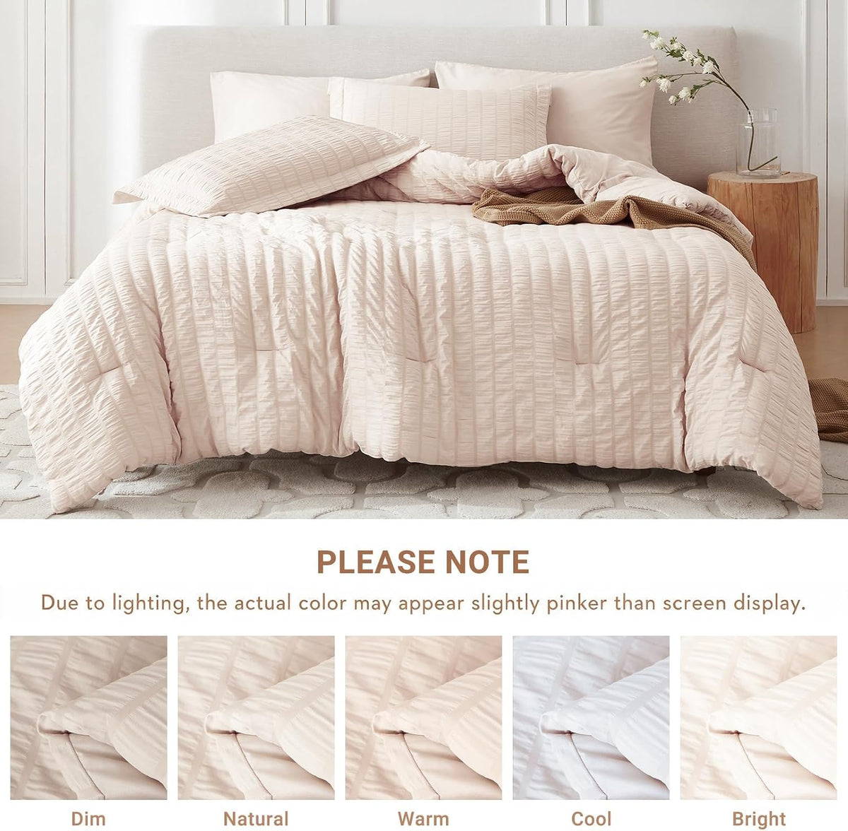 MUXHOMO 7 Pieces Queen Comforter Set, Seersucker Bed in a Bag Queen Size, All Season Luxury Bedding Set with Comforter, Flat Sheet, Fitted Sheet, Pillowcases & Shams, Beige