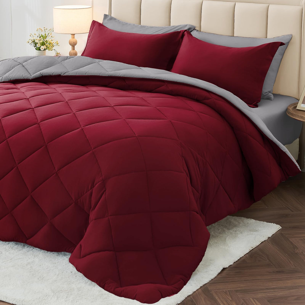 MUXHOMO 7 Pieces Queen Comforter Set, Reversible Bed in a Bag Queen Size, All Season Bedding Set with Comforter, Flat Sheet, Fitted Sheet, Pillowcases & Shams, Red & Black