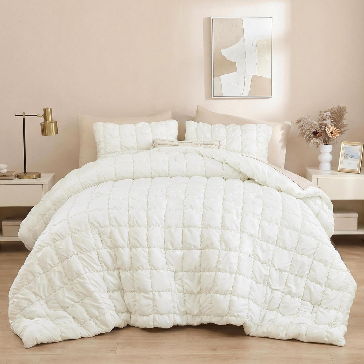 JANZAA Blush Pink Comforter Set Queen, Ruffle Soft Bedding