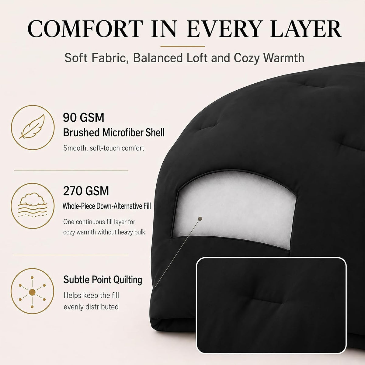 CozyLux Queen Comforter Set, 3 Pieces Down Alternative Bedding, Black