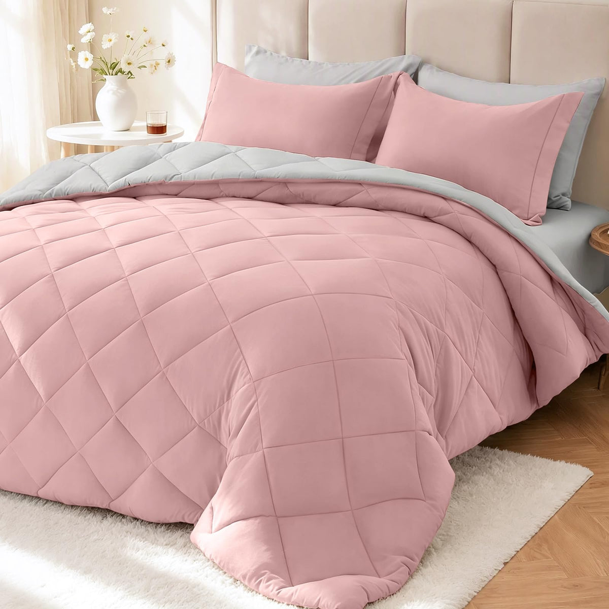 MUXHOMO 7 Pieces Queen Comforter Set, Reversible Bed in a Bag Queen Size, All Season Bedding Set with Comforter, Flat Sheet, Fitted Sheet, Pillowcases & Shams, Red & Black
